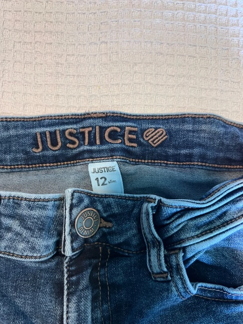 Justice Slim Straight Girls Size 12 Blue Denim Jeans Button Zip Pockets